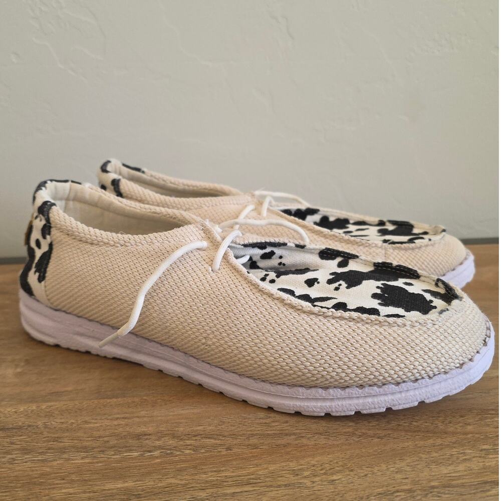 Hey Dude Wendy Shoes Womens 10 Cow Print Black White Western Slip On Loafers